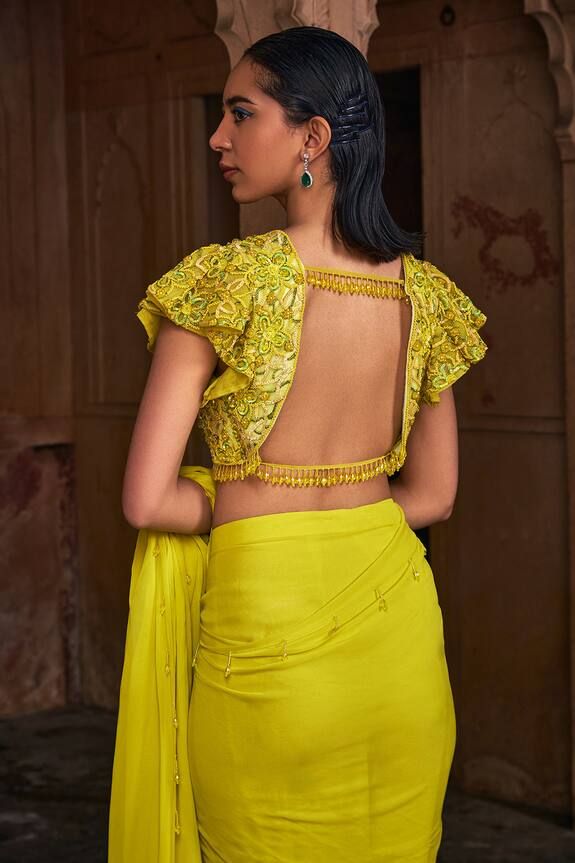 Yellow blouse with all over floral jaal work using crystals, sequins and glass beads. Paired with a pre-draped skirt saree. - Aza Fashions Skirt Saree, Using Crystals, Saree Women, Tulle Embroidery, Saree For Women, Drape Saree, Draped Skirt, Hem Blouse, Beaded Neckline