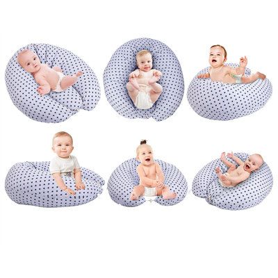 six photos of babies in bean bag chairs with blue polka dots on the top and bottom