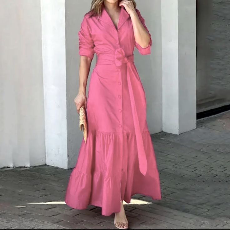 Women Maxi Dress Fashion Elegant Long Sleeve Lapel Lace Up Nipped Waist Pleated Solid Color Dresses High Streetwear Belted Long Dress, Female Clothes Outfits, Vibrant Style, Cotton Linen Dresses, Solid Color Dress, Cardigan Long, Effortless Elegance, Ruffled Maxi Dress, Maxi Wrap Dress