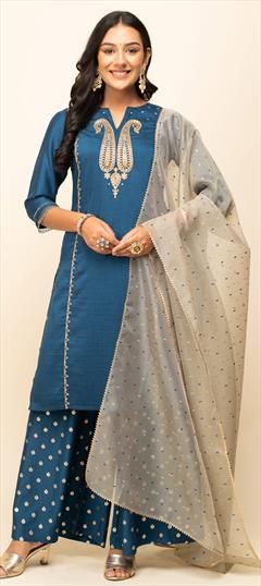 Blue color Salwar Kameez in Blended, Silk fabric with Embroidered, Resham work Embroidered Blue Palazzo Set For Transitional Season, Blue Palazzo Set With Resham Embroidery For Festive Occasions, Festive Blue Palazzo Set With Resham Embroidery, Blue Resham Embroidered Palazzo Set For Diwali, Blue Resham Embroidery Palazzo Set For Diwali, Festive Blue Palazzo Set With Zari Work, Blue Palazzo Set With Dupatta For Festivals, Blue Palazzo Set For Diwali Festivities, Blue Palazzo Set For Diwali Festival