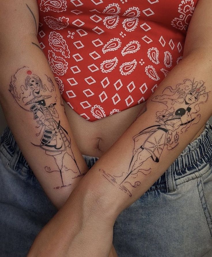 two people with matching tattoos on their arms