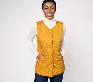 This stylish tunic vest features a quilted front and a sweater back, the perfect layer that will elevate your ensembles for a casual daytime look. From Denim & Co.® Fashions. Fall Cotton Stretch Sweater Vest, Fall Sweater Vest With Pockets For Layering, Fall Layering Sweater Vest With Pockets, Stretch Sweater Vest For Everyday Fall Wear, Casual Quilted Cotton Vest, Layering Sweater Vest With Pockets, Fall Stretch Vest For Layering, Stretch Vest For Fall Layering, Fall Cotton Quilted Vest