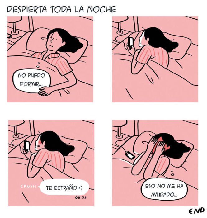 a comic strip with an image of a woman sleeping in bed and the caption reads, up all night i can't sleep