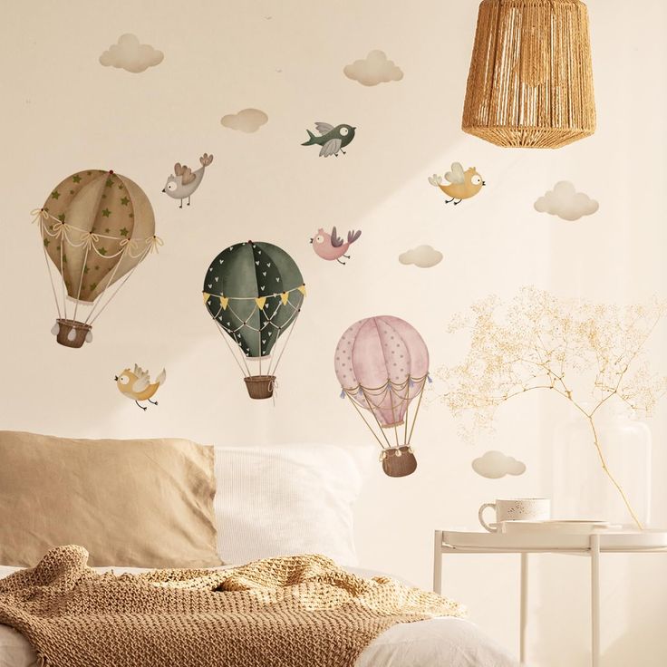 several hot air balloons in the sky with birds and clouds on them wall decals