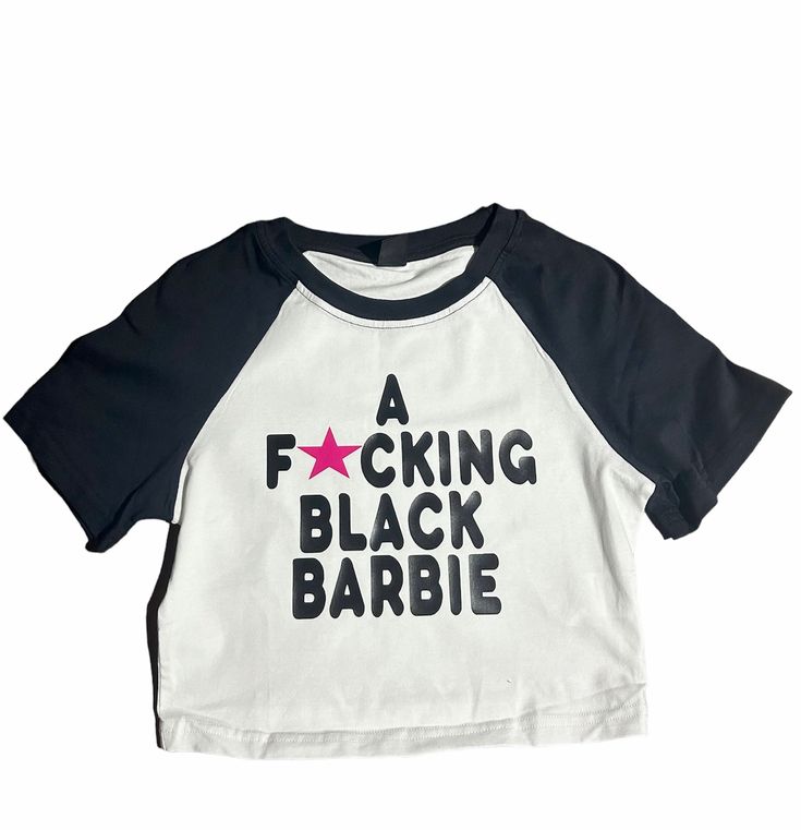 Black Barbie Cropped Tee 90s Black Tops With Letter Print, Black Slogan Shirt For Streetwear, Black Pre-shrunk Tops For Streetwear, 90s Style Black Tops For Summer, Pre-shrunk Black Graphic Tee, Fitted Black Shirt With Screen Print, 90s Black Crew Neck Top, Black 90s Style T-shirt For Summer, 90s Style Black T-shirt For Summer