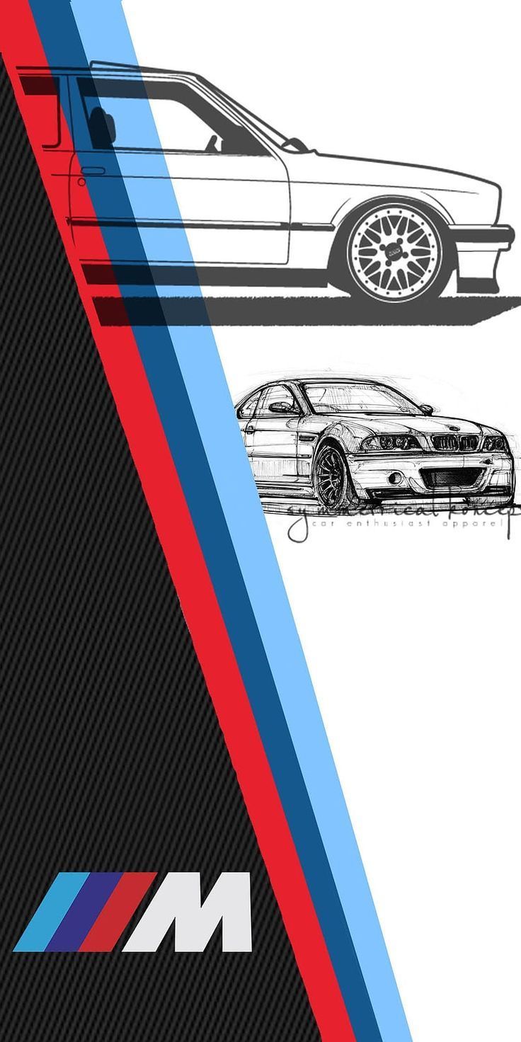 two cars are shown side by side on a white and blue striped background with the words bmw