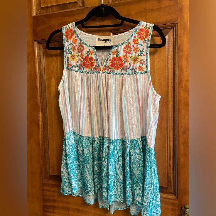 New ! Multicolor Sleeveless Embroidered Top For Spring, Bohemian Sleeveless Top With Floral Embroidery, Turquoise Tank Top For Summer, Turquoise Sleeveless Tank Top For Summer, Turquoise Sleeveless Top For Vacation, Casual Sleeveless Embroidered Top For Vacation, Multicolor Sleeveless Embroidered Top, Multicolor Embroidered Sleeveless Top For Spring, Sleeveless Multicolor Embroidered Top For Vacation