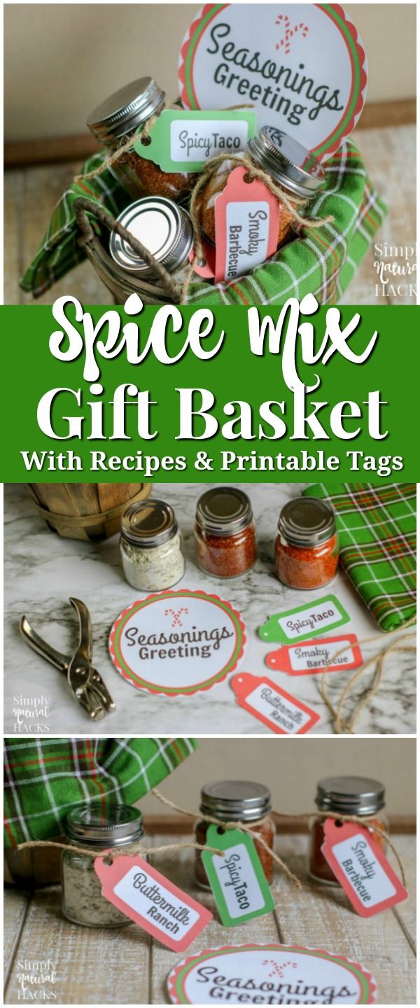 spice mix gift basket with labels and printable tags for the top, bottom and bottom