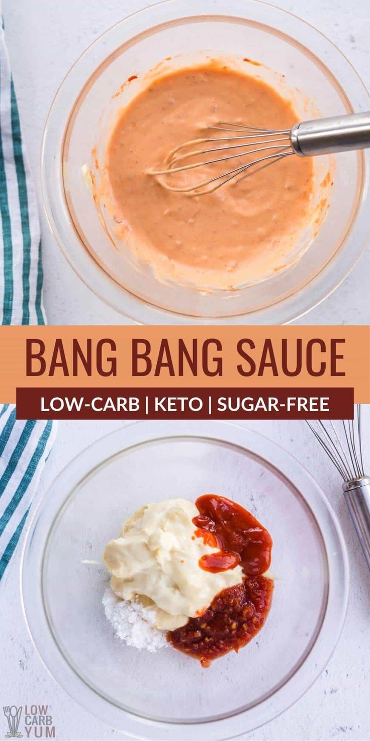 the ingredients to make bang bang sauce are shown in separate bowls