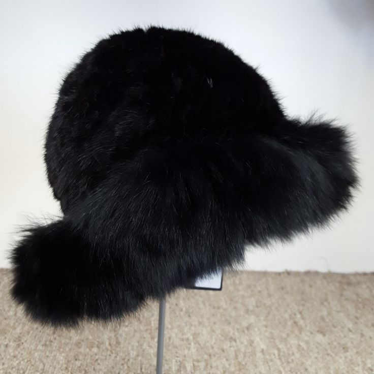 Black Knitted Mink Fur Hat With Fox Fur Trim Inner Circumference: 23" We Are A Four Generation Fur, Leather, And Outerwear Store Located In Milwaukee, Wi. Please Visit Our Website For Verification And Credentials. Black Cloche Hat For Winter Party, Black Winter Cloche Hat For Party, Black Winter Party Cloche Hat, Black Cloche Hat For Winter, Classic Black Cloche Hat For Winter, Classic Black Winter Cloche Hat, Black Winter Cloche Hat, Black Winter Cloche Hat For Evenings, Black Cloche Hat For Evening In Winter