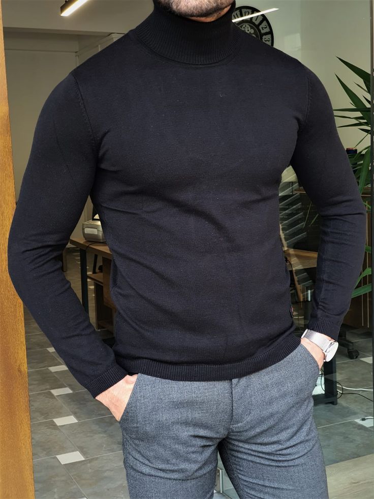 Collection: Autumn – Winter 20/21 Product: Slim Fit Knitwear Sweater Color Code: Black Shirt Material: 55% Wool, 40% Acrylic, 5% Elestan Available Size: S-M-L-XL-XXL Machine Washable: Yes Fitting: Slim-Fit Package Include: Sweater Only Washing Instructions: Wash Separate from Other Clothes, Dry by Hanging. Black Turtleneck With Ribbed Cuffs For Work, Classic Black High Neck Top, Black High Neck Classic Top, Classic High Neck Black Top, Casual Fitted Polo Sweater For Layering, Casual Knit Turtleneck With Ribbed Neckline, Black High Neck Sweater With Ribbed Cuffs, Black Cotton Polo Sweater For Work, Classic Black Ribbed Outerwear