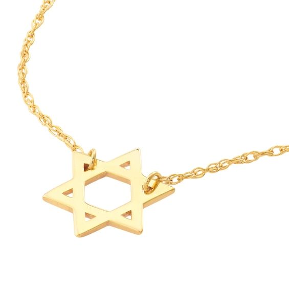 Honor your faith and heritage with this traditional necklace. Created in solid 14K gold, this significant design simply gleams with a sculpted Star of David. Buffed to a brilliant luster, this look suspends centered along an 18.0-inch rope chain that is adjustable to 16.0 inches in length and secures with a spring-ring clasp. Elegant Star Of David Anniversary Jewelry, Elegant Star Of David Jewelry For Formal Occasions, Elegant Star Of David Hallmarked Necklace, Elegant 14k Gold Star Of David Jewelry, Classic Gold Necklace With Shiny Finish, Classic Yellow Gold Necklace With Shiny Finish, Symbolic Star Of David Engraved Necklace, Formal White Gold Star Of David Necklace, Gold Sterling Silver Star Of David Necklace