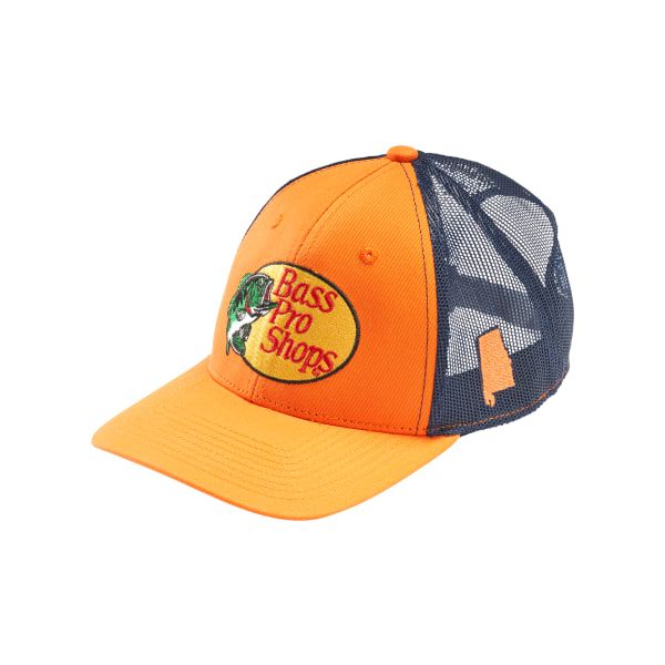 Give a nod to outdoor life and your favorite state with the Bass Pro Shops Logo and Alabama Patch Snapback Cap. This Bass Pro hat displays the iconic logo front and center, with a state patch sewn on the side and all-over collegiate colorway. A snapback closure lets you personalize the fit. Imported. State patch sewn on side Bass Pro Shops logo embroidered on front Canvas front panels Mesh rear panels Snapback closure Outdoor Trucker Hat With Logo Patch For Baseball Season, Outdoor Baseball Season Hat With Logo Patch, Six-panel Snapback Hat With Custom Logo For Outdoor, Hat Displays, Hat Display, Iconic Logo, Shop Logo, Outdoor Life, Snapback Cap