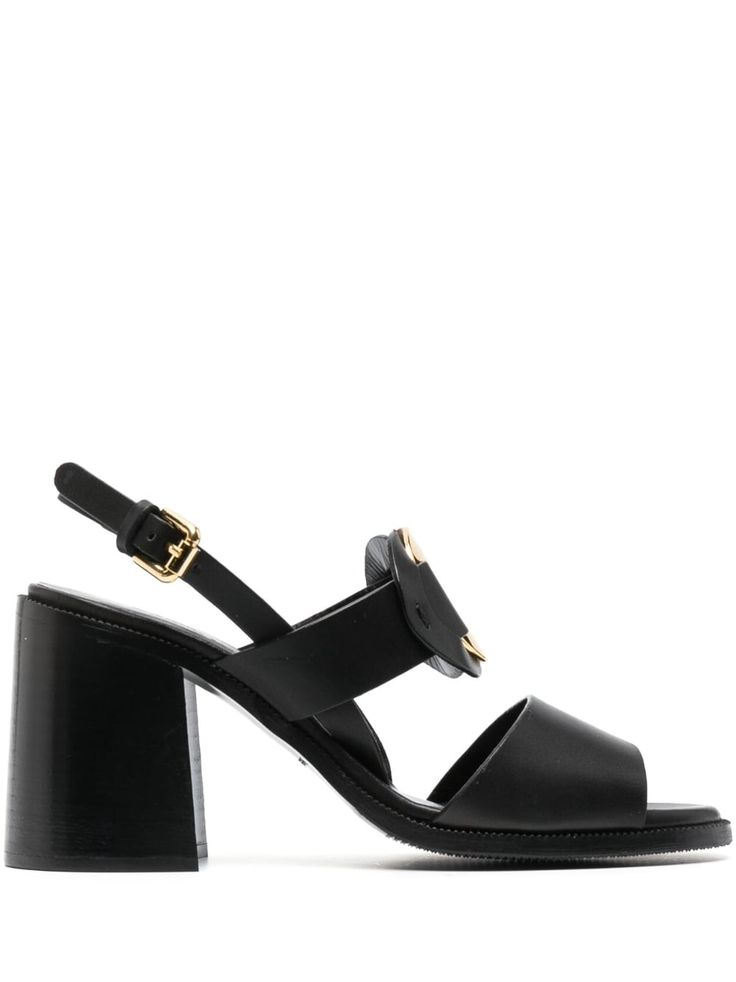 jet black calf leather matte finish gold-tone logo plaque branded leather insole buckle-fastening slingback strap open toe 90mm high-heel rubber sole See By Chloe, Sandals Black, Jet Black, Black Sandals, Women's Shoes Sandals, Leather Sandals, Calf Leather, High Heel, Open Toe