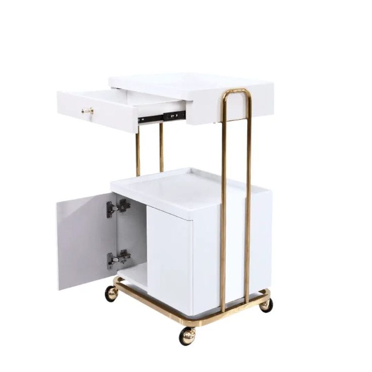 a white and gold cart with two drawers on the bottom, one door open to reveal a drawer