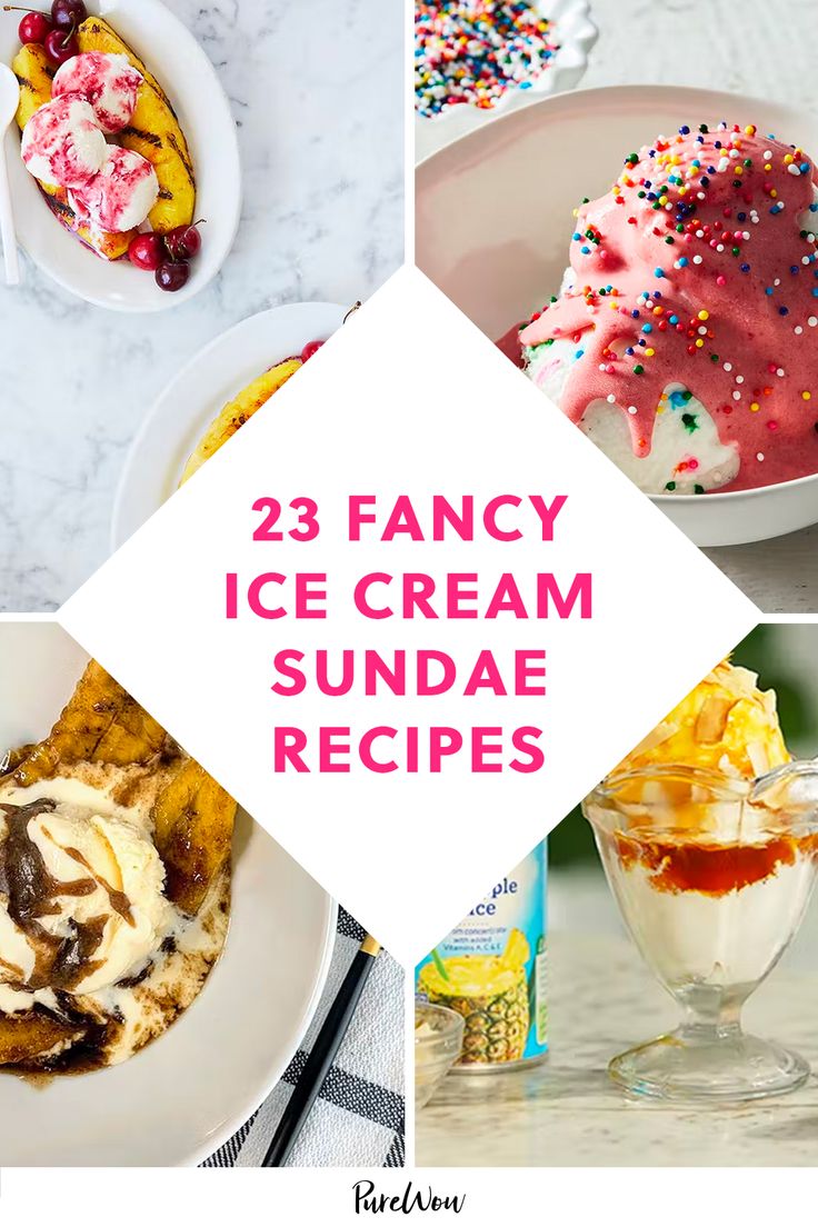 many different ice cream sundaes and desserts are shown in this collage