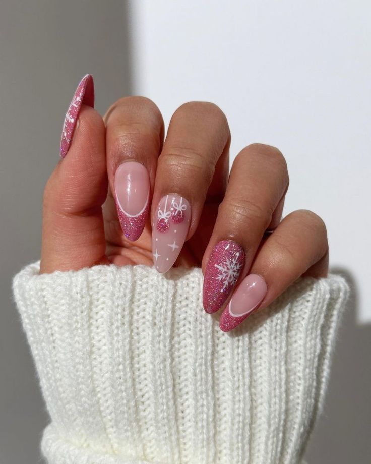 Pink Winter Nails 2024 – 2025: Trending Designs You’ll Love This Season 25 Ideas Christmas Gel X Nail Designs Almond, Cute Christmas Nails Acrylic Almond, Pink Almond Nails Christmas, Christmas Nail Ideas Acrylic Almond, Christmas Pink Nails Almond, Pink Holiday Nails Almond, Almond Nails Designs Holiday, Almond Pink Christmas Nails, Winter Christmas Nails Almond