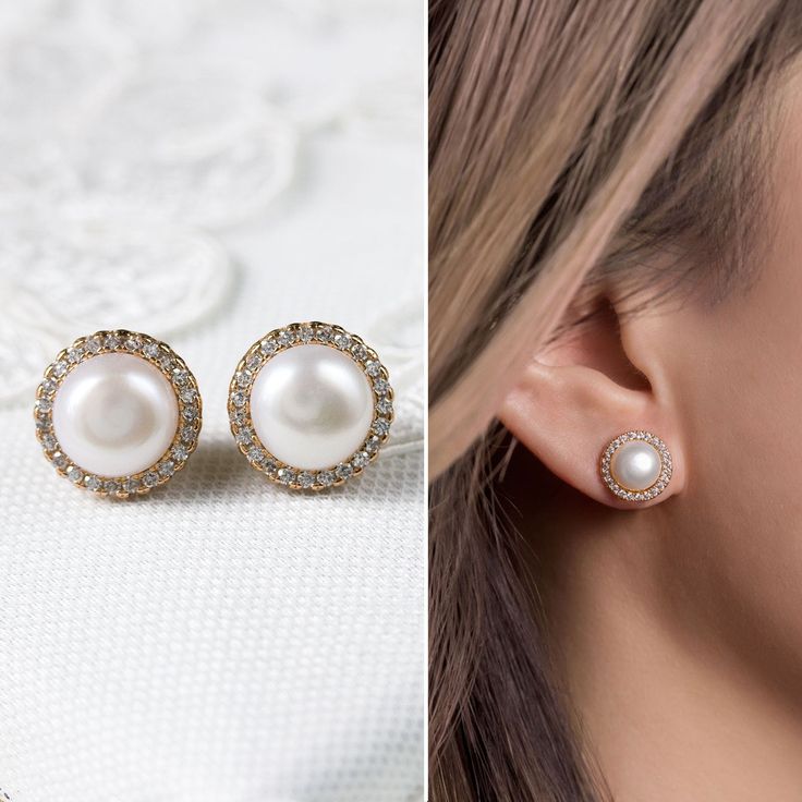 gold earrings pearl earrings stud earrings wedding jewelry wedding earrings bridal jewelry bridal earrings for women pearl studs ► Spend $200 | Receive 10% OFF Your Order with Code: 10OFF200 ► Please note in your order when your wedding date is These fresh water pearl stud earrings with a halo of cubic zirconia pave crystals showcase the perfect classic and elegant look. MATERIALS + MEASUREMENTS: - .925 Sterling Silver, 14K Gold or Rose Gold over sterling silver - Fresh Water Pearl (9 MM) - Cubi Bridesmaid Earrings Silver, Crystal Headband Wedding, Stud Earrings Wedding, Backdrops Necklace, Pearl Love, Back Necklace, Bridal Earrings Pearl, Jewelry Minimalist, Crystal Headband