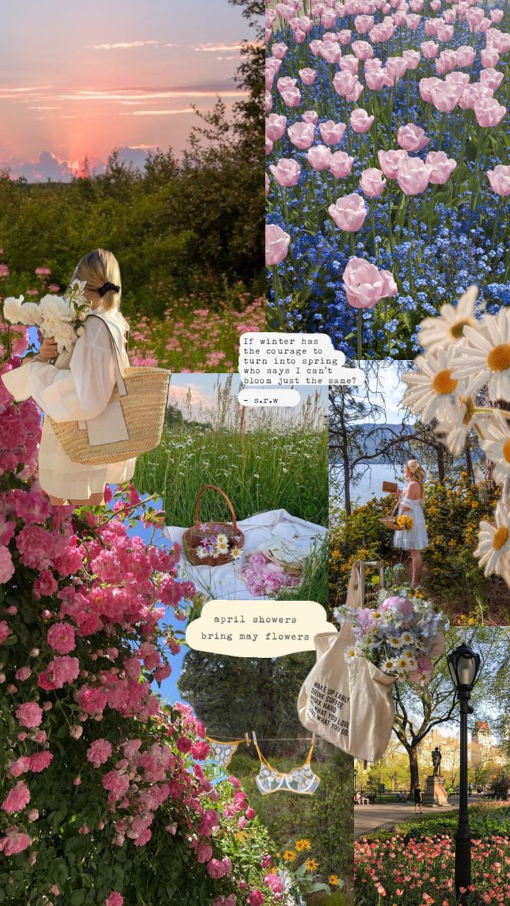 the collage shows several different images of flowers and people in white dresses, with pink roses