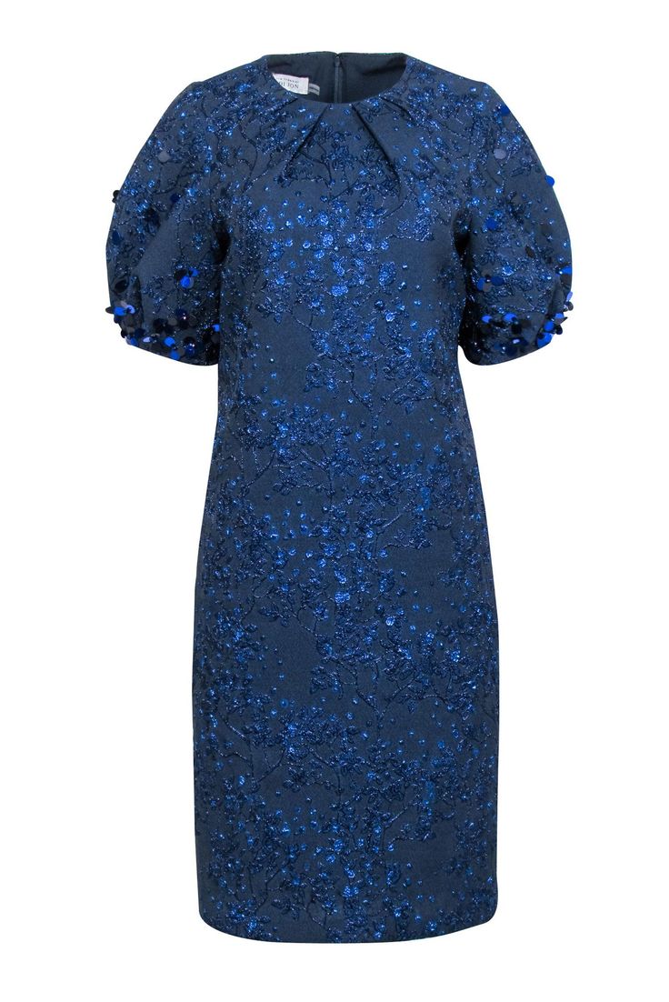 Current Boutique-Teri Jon - Navy & Metallic Blue Sequin Detail Dress Sz 8 Formal Mini Dress With Contrast Sequin For Party Season, Summer Formal Evening Dress With Floral Embroidery, Summer Floral Embroidered Formal Evening Dress, Summer Floral Embroidery Formal Evening Dress, Elegant Evening Mini Dress With Contrast Sequin, Glamorous Embellished Festive Midi Dress, Festive Embellished Glamorous Midi Dress, Holiday Formal Mini Dress With Sequins, Elegant Contrast Sequin Cocktail Dresses