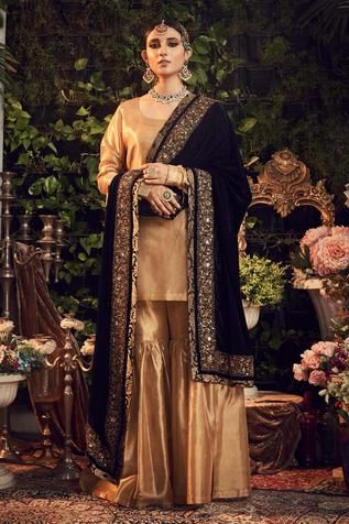 Shop for Ranian Gold Silk Tissue Kurta Set With Midnight Blue Dupatta for Women Online at Aza Fashions Luxury Silk Thread Elegant Dupatta, Festive Gold Palazzo Set For Designer Wear, Festive Gold Designer Palazzo Set, Festive Gold Designer Sharara, Elegant Sharara With Gold Embroidery In Traditional Drape, Designer Gold Sharara With Zari Work, Elegant Sharara With Gold Embroidery And Traditional Drape, Elegant Sharara With Gold Embroidery For Festive Occasions, Elegant Sharara With Gold Embroidery