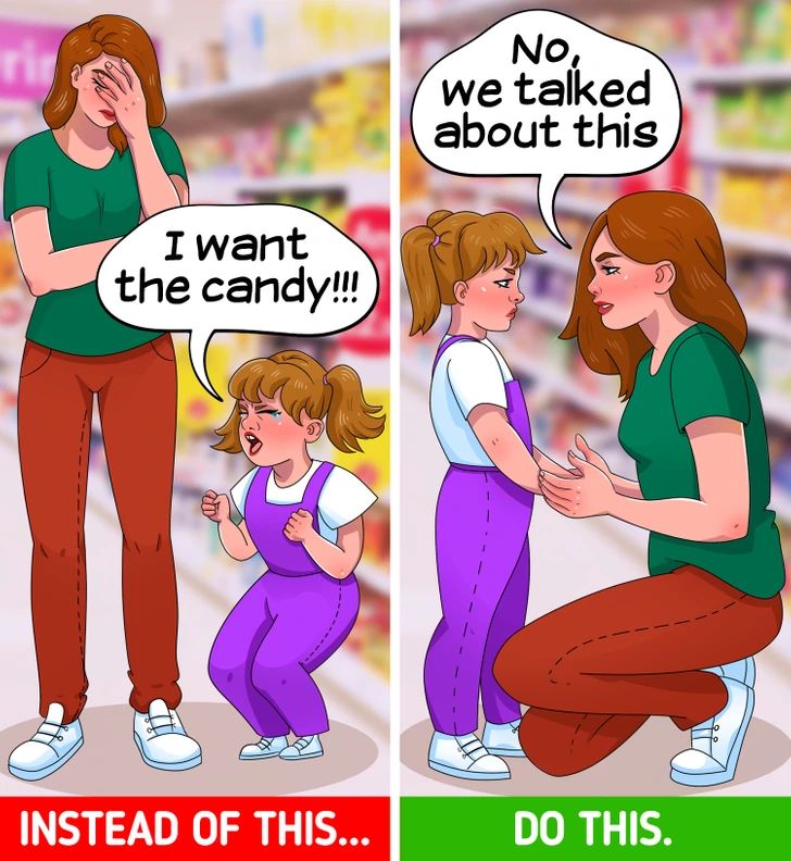 two cartoon images one showing a woman and the other saying, i want candy instead of this