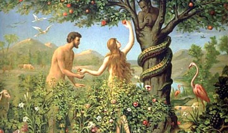 a painting of two people reaching out to an apple tree with birds in the background