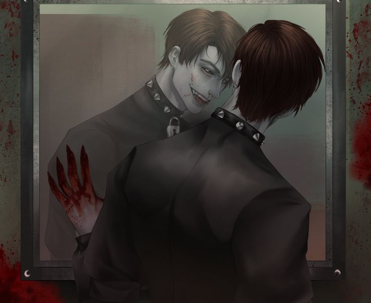 two people in front of a mirror with blood all over them