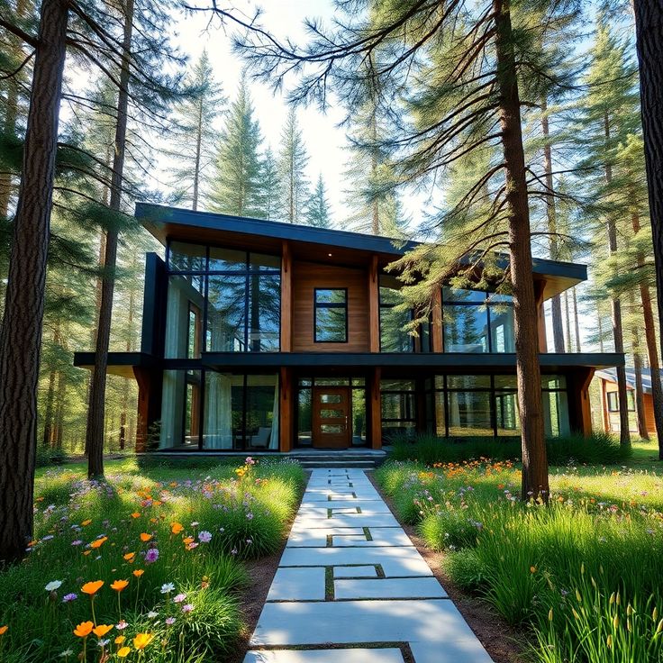 a house in the woods with lots of trees and flowers on the ground near it