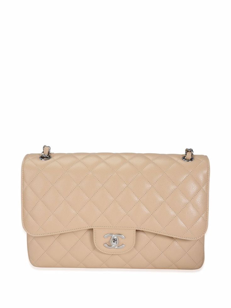 Cream beige caviar leather Jumbo Double Flap shoulder bag from Chanel Pre-Owned featuring diamond quilting, signature double flap closure, signature interlocking CC turn-lock fastening, concealed front press-stud fastening, two leather and chain-link shoulder straps, rear patch pocket, signature stitched interlocking CC logo, internal logo stamp, internal patch pockets, leather lining, silver-tone hardware and rectangle body. POSITIVELY CONSCIOUS: Purchasing this item continues its narrative and Flap Shoulder Bag, Shopping Chanel, Cream Beige, Van Cleef Arpels, Cc Logo, Logo Stamp, Press Studs, Lady Dior, Lalique