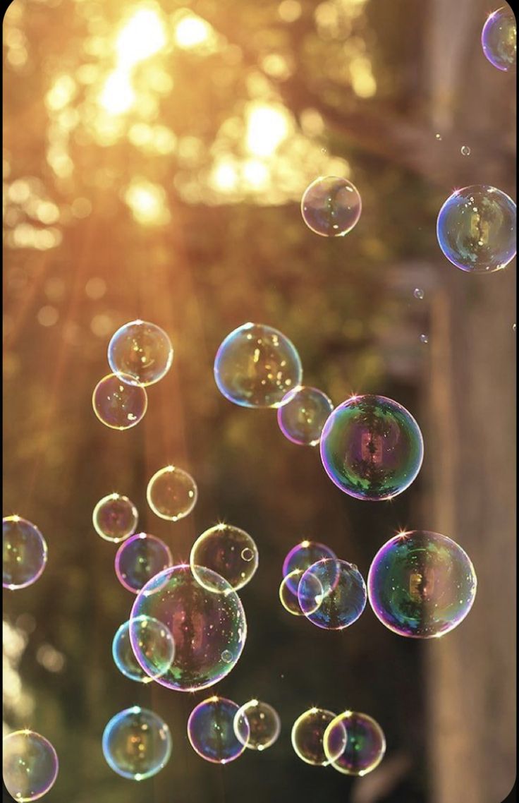 soap bubbles are floating in the air on a sunny day