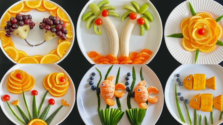 four plates with fruits and vegetables made to look like flowers, palm trees, oranges, grapes, bananas