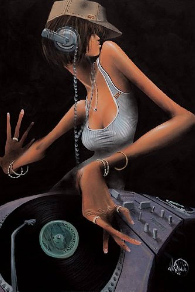 a painting of a woman with headphones on top of a turntable and holding her hand up