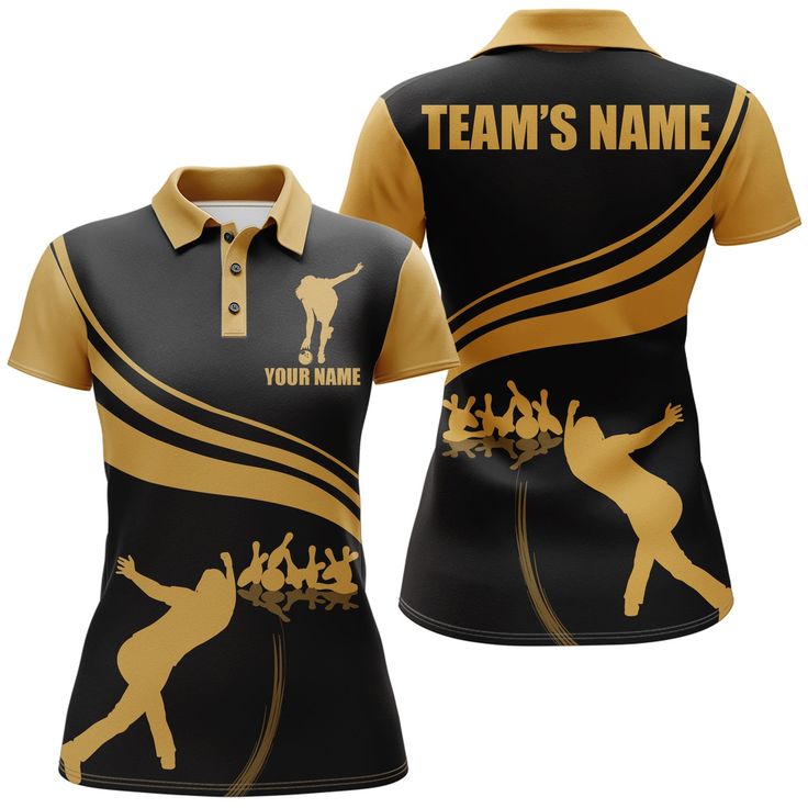 a women's black and gold polo shirt with an image of a basketball player