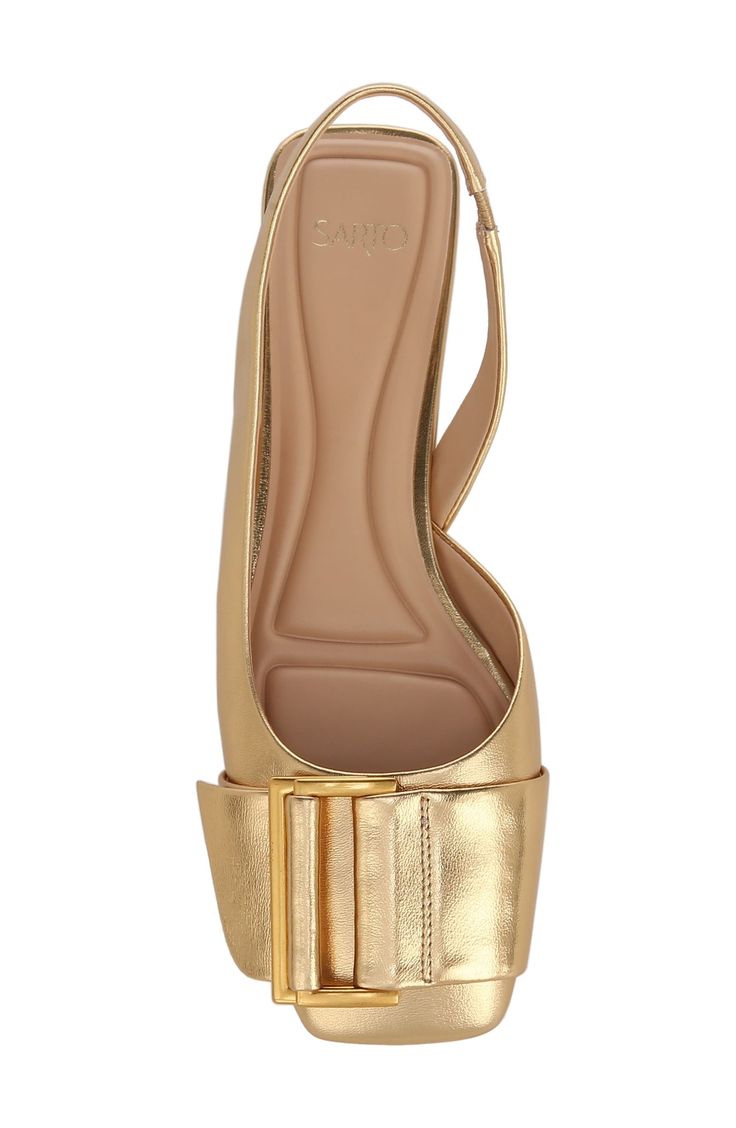 A polished vamp buckle and side cutout lend contemporary elements to a slingback flat fashioned with a squared-off toe. Cushioned footbed with arch support Leather upper/synthetic lining/rubber sole Imported Chic Gold Slingback Sandals With Flat Heel, Gold Flat Heel Slingback Sandals For Formal Occasions, Gold Flat Heel Slingback Sandals For Formal Events, Elegant Gold Slingback Sandals With Flat Heel, Gold Slingback Pumps With Flat Heel, Gold Flat Heel Slingback Pumps With Strap, Designer Slingback Sandals With Buckle Closure, Chic Gold Slingback Pumps With Flat Heel, Chic Gold Flat Heel Slingback Pumps