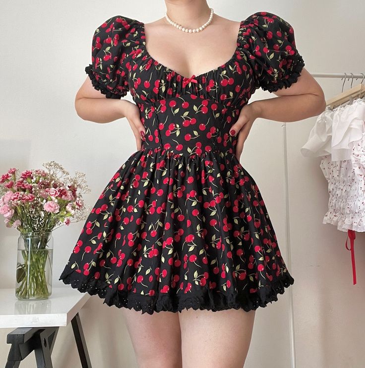 The Alice dress in black cherry cotton ���🖤❤️ #frilie Design customisation: 🌷 Dress has pockets 🌷 V neckline 🌷 Medium puff sleeves 🌷 Corset style back to make it adjustable (didn’t lace it up for the picture so you can’t see it here) 🌷 38cm skirt in length (model height is 5’6 or 165cm) Black Cherry Dress, Rustic Fashion, Lace Dress Classy, Alice Dress, Cute Short Dresses, Cherry Dress, Dress Classy, Kawaii Style, Black Cherry