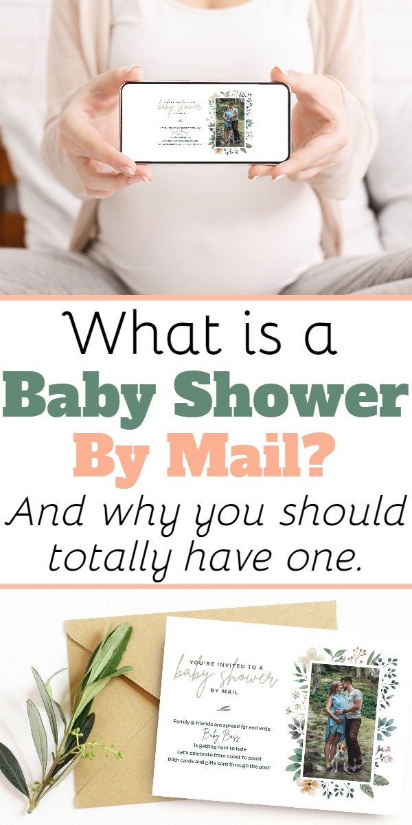 a pregnant woman holding up her phone with the text what is a baby shower by mail? and why you should totally have one