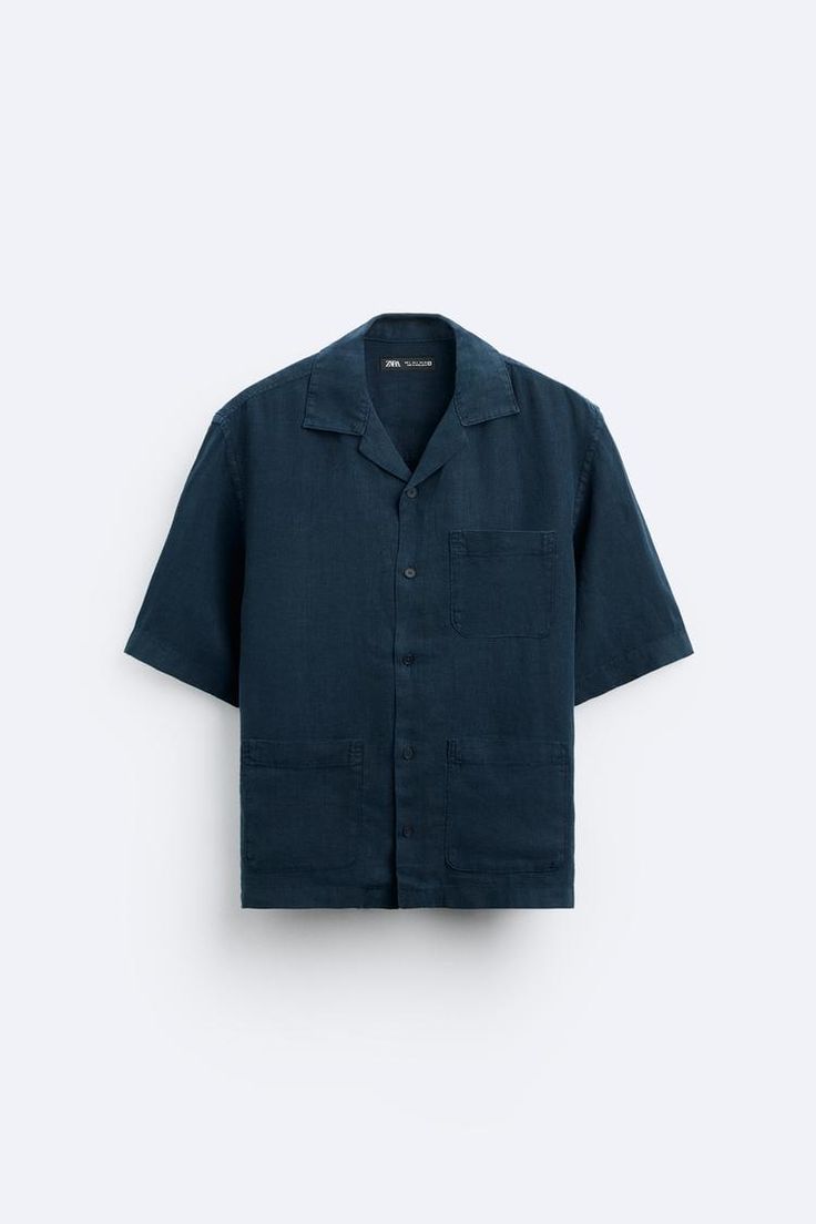 100% LINEN SHIRT - Navy blue | ZARA United States Men Linen Shirt, Smart Casual Shirts, Smart Casual Menswear, Dark Blue Shirt, Linen Men, Bowling Shirt, Linen Shirt Men, Outfit Grid, Zara Shirt