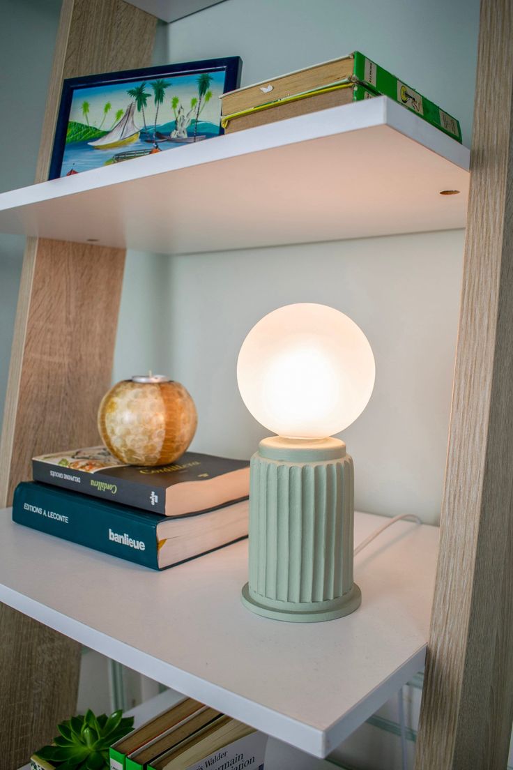 a white shelf with books and a lamp on top of it next to a green plant