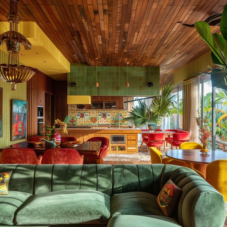 a living room filled with furniture next to a kitchen and dining room table in front of a large window