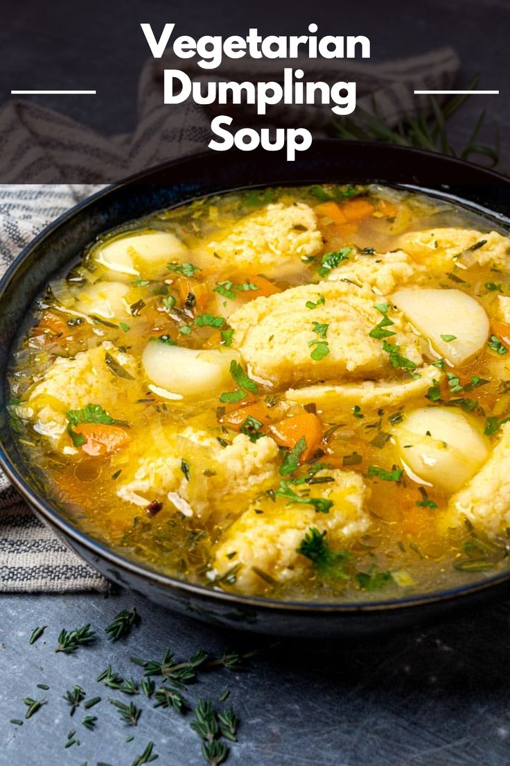 vegetarian dumpling soup in a black bowl with parsley on the side and text overlay