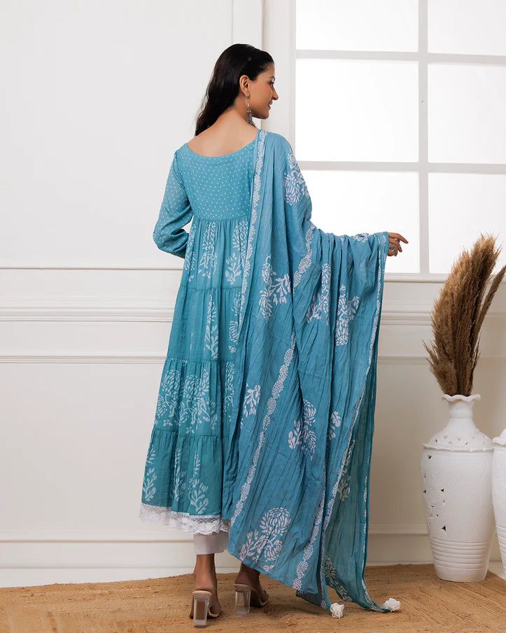 Beat the heat with effortless style in our Light Blue Hand Block Printed Anarkali Set. Made with the finest mul-mul fabric, this suit set is perfect for making a fashion statement even in soaring temperatures. Stay cool and chic even in heat. No. of pieces - 3 piece set. Color - Light Blue. Fabric - Mul-Mul. Washing Instructions - Dry Clean. Indigo Cotton Sets With Dabka Detailing, Blue Cotton Sharara With Sheer Dupatta, Designer Cotton Maxi Length Sets, Blue Block Print Mulmul Sets, Bohemian Blue Anarkali Set For Eid, Cotton Maxi Length Sets For Designer Wear, Blue Long Sleeve Cotton Anarkali Set, Diwali Blue Mulmul Lawn Suit, Blue Block Print Palazzo Set With Long Sleeves