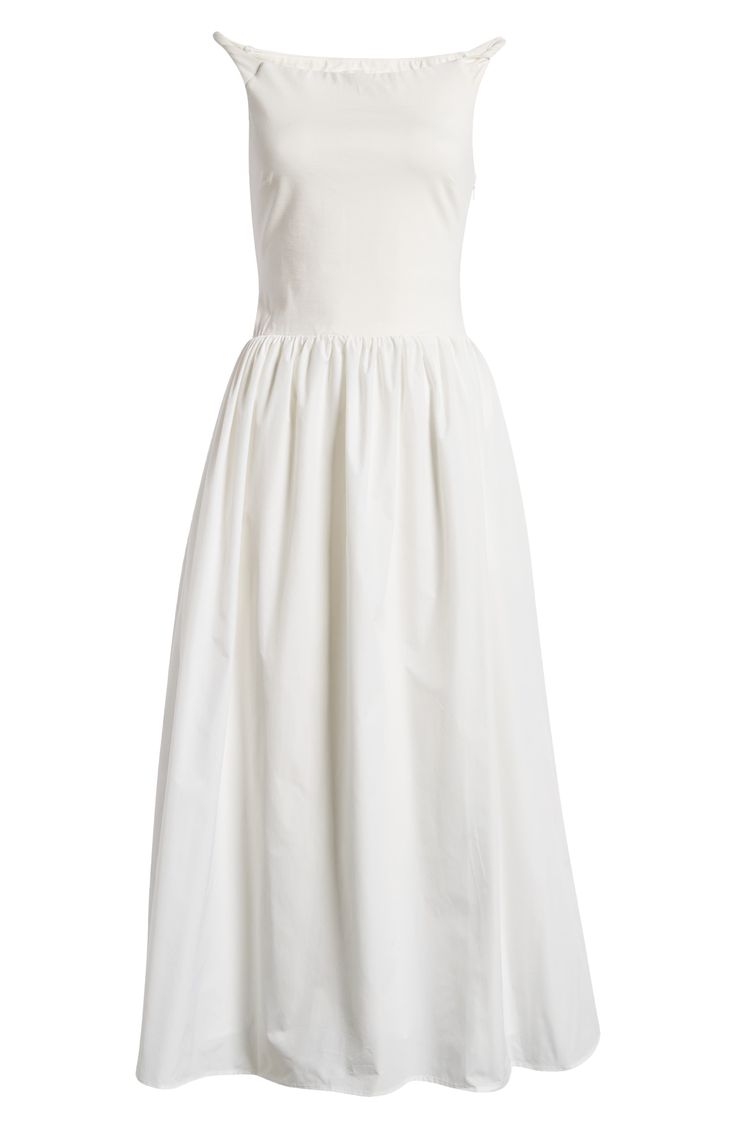 This classically elegant midi is designed in a romantic silhouette with a shoulder-baring neckline and a perfectly flared skirt. Off-the-shoulder neck Lined Sleeveless 90% rayon, 35% nylon, 5% elastane with 100% polyester contrast Dry clean Imported Simple Elegant Whote Dress, White Vinage Dress, West Side Story White Dress, White Dress Modest Midi, White Simple Classy Dress, City Hall Dress Wedding, Simple Fancy White Dress, Simple White Dress Square Neck, Georgette White Dress