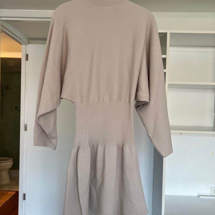 Zara Knit Dress Nwt, Never Worn. Size M Beige Stretch Mini Dress For Fall, Stretch Beige Mini Dress For Fall, Beige V-neck Stretch Sweater Dress, Beige V-neck Sweater Dress With Stretch, Beige Stretch V-neck Sweater Dress, Beige Fitted High Neck Sweater Dress, Fitted High Neck Beige Sweater Dress, Chic Stretch Knitted Dresses, Elegant Stretch Knitted Mini Dress