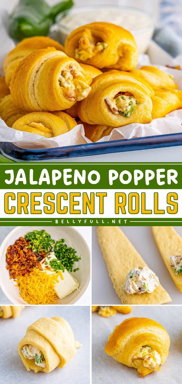 This crescent roll recipe is a perfect game day appetizer! Made with jalapeno peppers, cream cheese, cheddar, and bacon, these Jalapeno Popper Crescent Rolls are amazing. Variations on this football food idea included! Jalapeno Cream Cheese Crescent Rolls, Crescent Jalapeno Poppers, Jalapeno Popper Crescent Rolls, Jalapeno Crescent Rolls, Crescent Roll Jalapeno Poppers, Game Day Finger Foods Appetizers, Appetizers With Jalapenos, Jalapeño Popper Crescent Rolls, Savory Crescent Roll Recipes