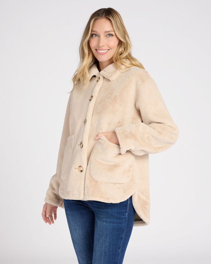 Clap back at the cold with class in this faux fur jacket! Relaxed shacket silhouette with a button-up front and two oversized pockets perfect for stashing essentials. | Faux Fur Jacket for Women by Love Token from Wantable Cozy Long Sleeve Fur Coat With Pockets, Cozy Outerwear With Soft Texture And Relaxed Fit, Cozy Relaxed Fit Outerwear With Soft Texture, Chic Faux Fur Coat With Pockets, Trendy Outerwear With Soft Texture For Loungewear, Everyday Winter Shacket With Flap Pockets, Cozy Winter Shacket With Relaxed Fit, Chic Fur Coat With Pockets For Fall, Fall Relaxed Fit Outerwear With Soft Texture