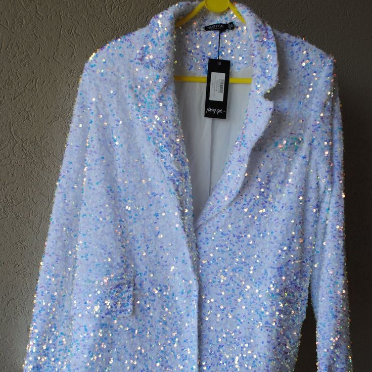 New With Tags!! Nasty Gal Sequin Blazer Truly Iridescent In The Light With Sparkles Of Pink, Blue, Silver And White Oversized Fit Size 2 Us Crushed Velvet Blazer, School Dress Code, Pink Jacket Blazer, Checkered Blazer, Wide Leg Pant Suit, Iridescent Sequin, Blue Tuxedos, Sequin Blazer, Satin Blazer