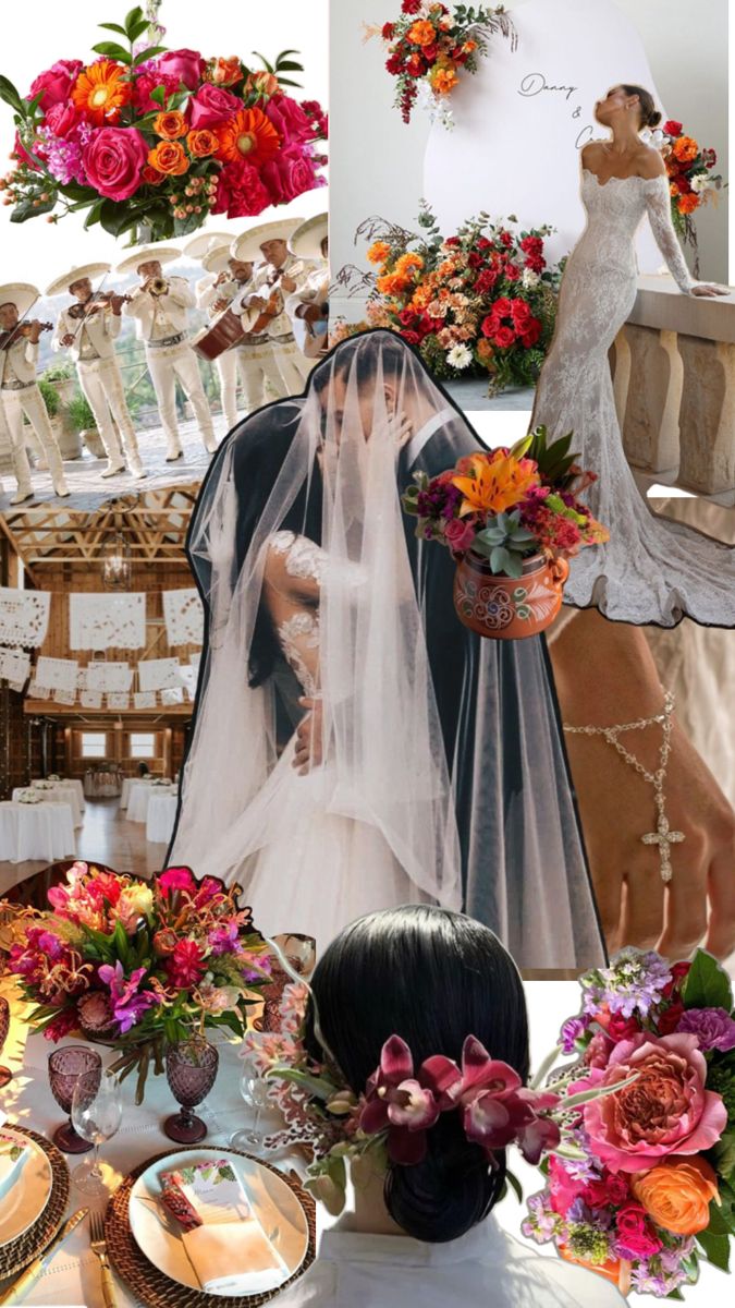 a collage of photos with flowers and brides in white dresses on the table