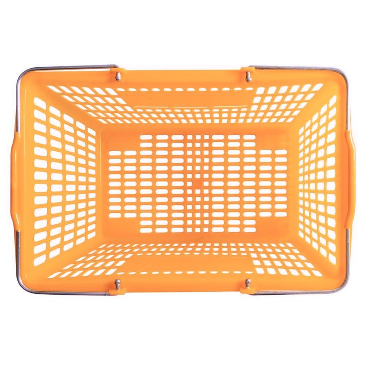 an orange plastic basket with holes on the sides and handles, in front of a white background