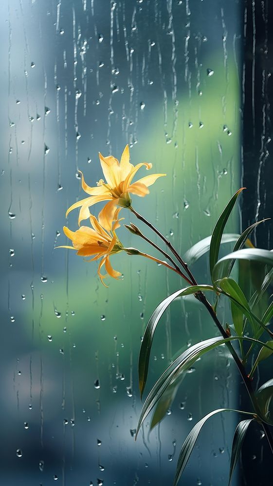 a yellow flower sitting on top of a window next to a rain soaked glass wall